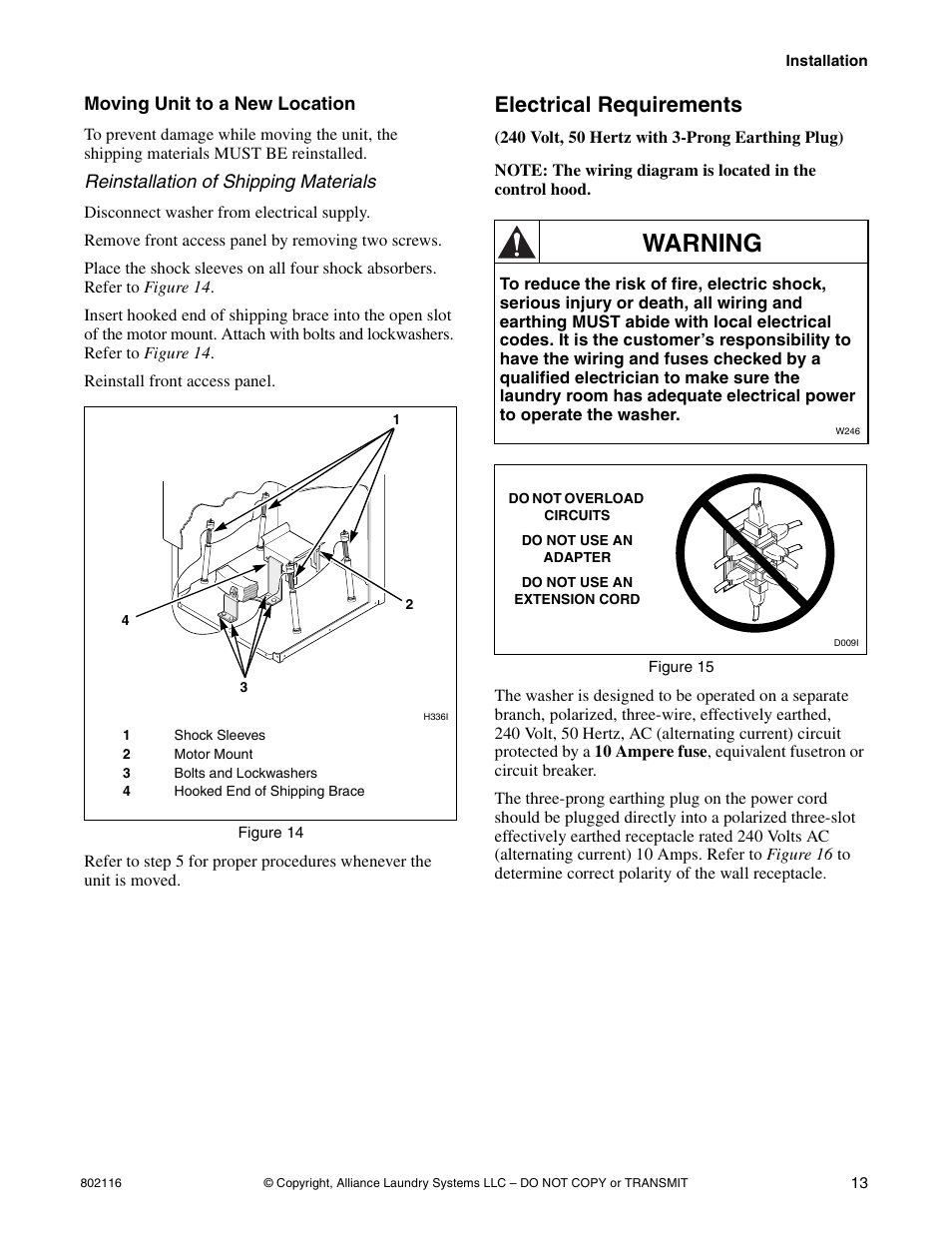Moving unit to a new location, Electrical requirements, Warning | Kleenmaid LTK95 Installation Version 802116R1 User Manual | Page 15 / 22