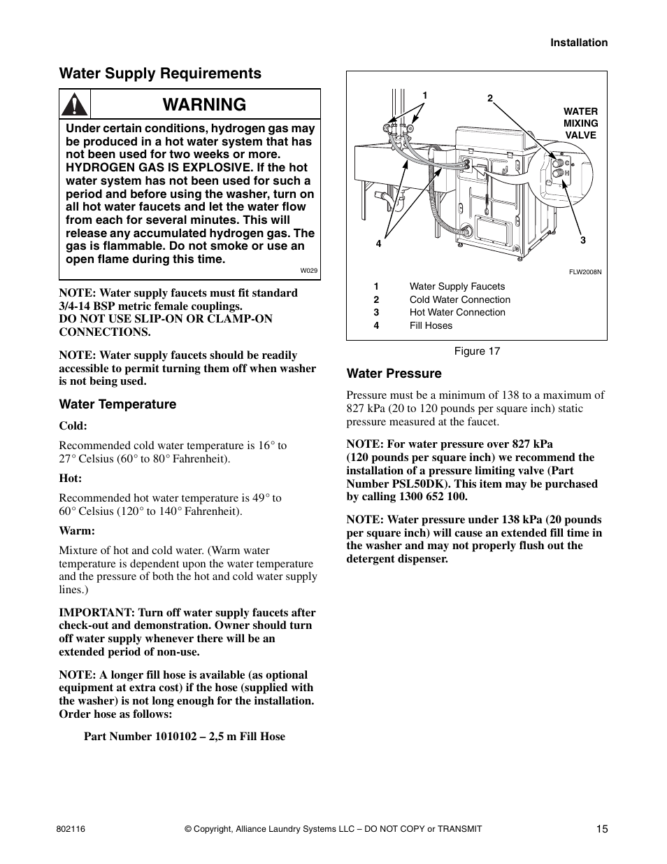 Water supply requirements, Water temperature water pressure, Warning | Kleenmaid LTK95 Installation Version 802116R1 User Manual | Page 17 / 22