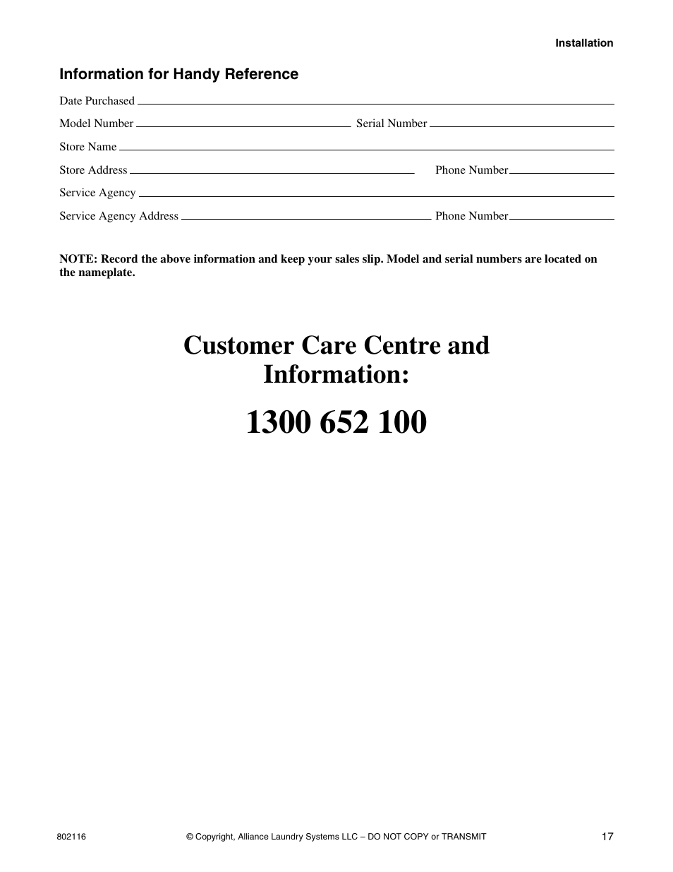 Information for handy reference, Customer care centre and information | Kleenmaid LTK95 Installation Version 802116R1 User Manual | Page 19 / 22