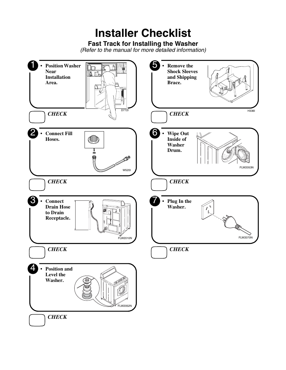 Installer checklist, Fast track for installing the washer | Kleenmaid LTK95 Installation Version 802116R1 User Manual | Page 22 / 22
