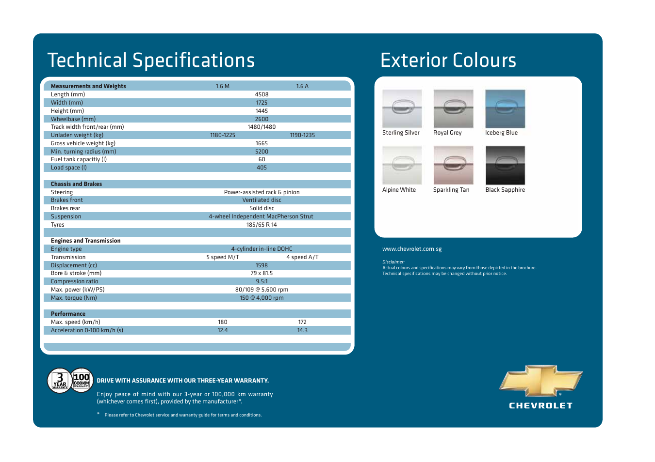 Technical specifications, Exterior colours | CHEVROLET Optra Magnum User Manual | Page 10 / 10