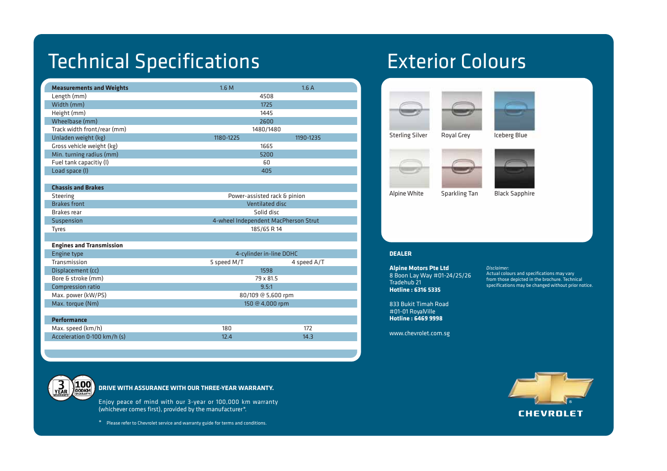 Technical specifications, Exterior colours | CHEVROLET Optra Magnum User Manual | Page 8 / 10