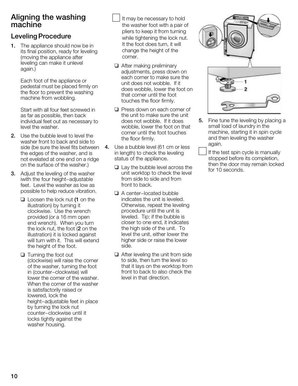 Aligning the washing machine, Leveling procedure | Kleenmaid KFL2000 User Manual | Page 10 / 36