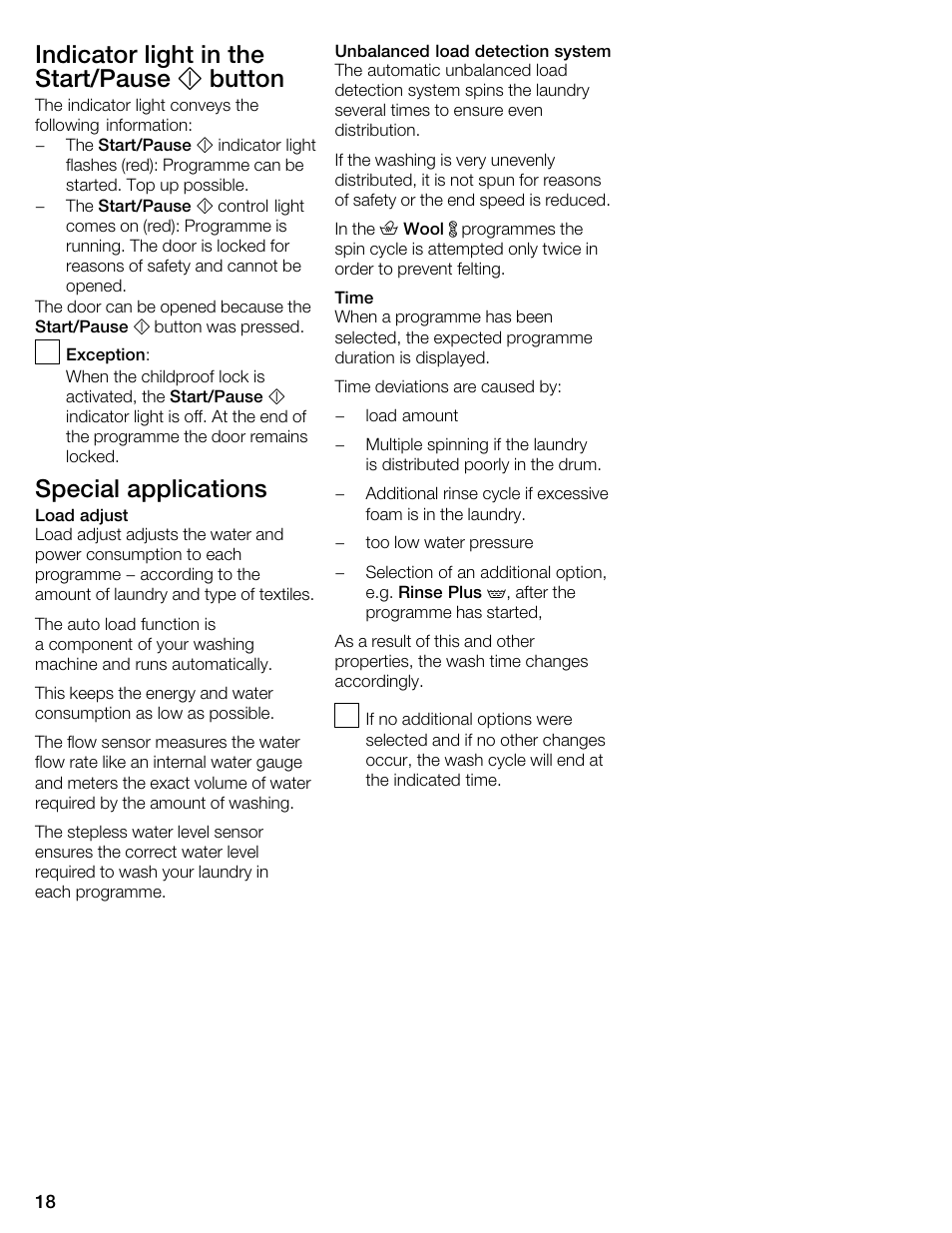 Indicator light in the start/pause m button, Special applications | Kleenmaid KFL2000 User Manual | Page 18 / 36