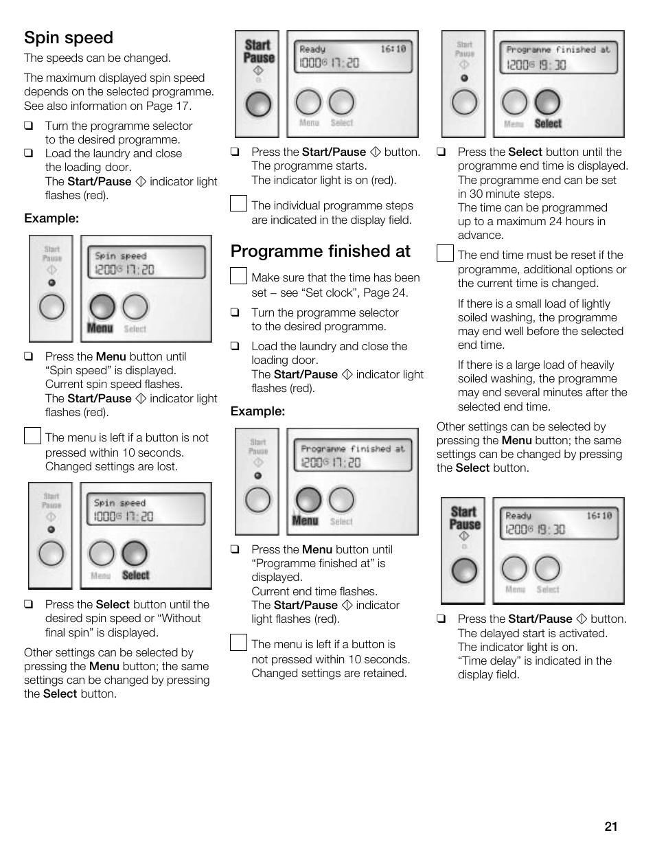 Spin speed, Programme finished at | Kleenmaid KFL2000 User Manual | Page 21 / 36