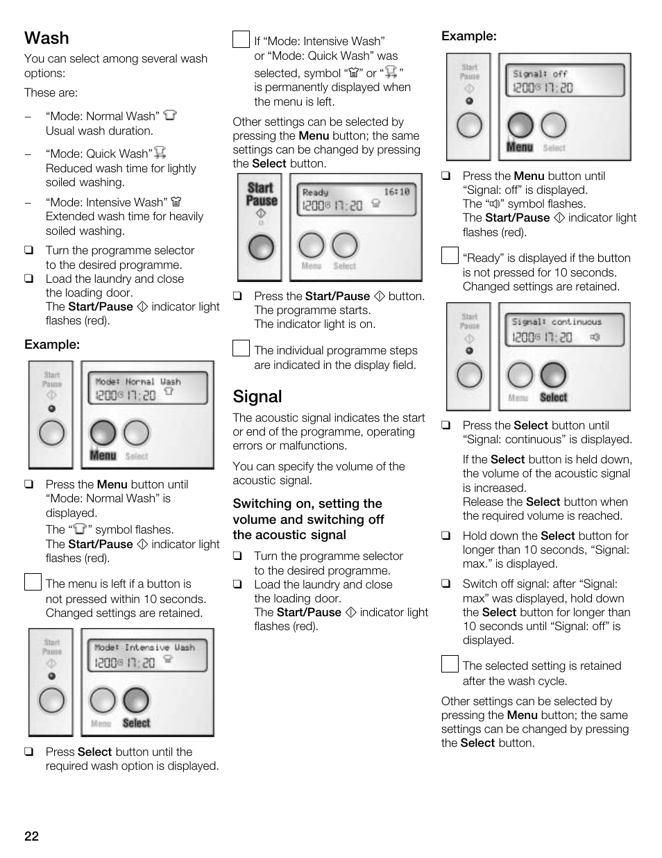 Wash, Signal | Kleenmaid KFL2000 User Manual | Page 22 / 36