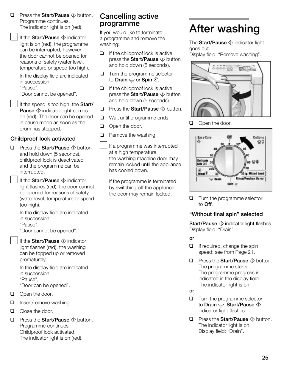 After washing, Cancelling active programme | Kleenmaid KFL2000 User Manual | Page 25 / 36