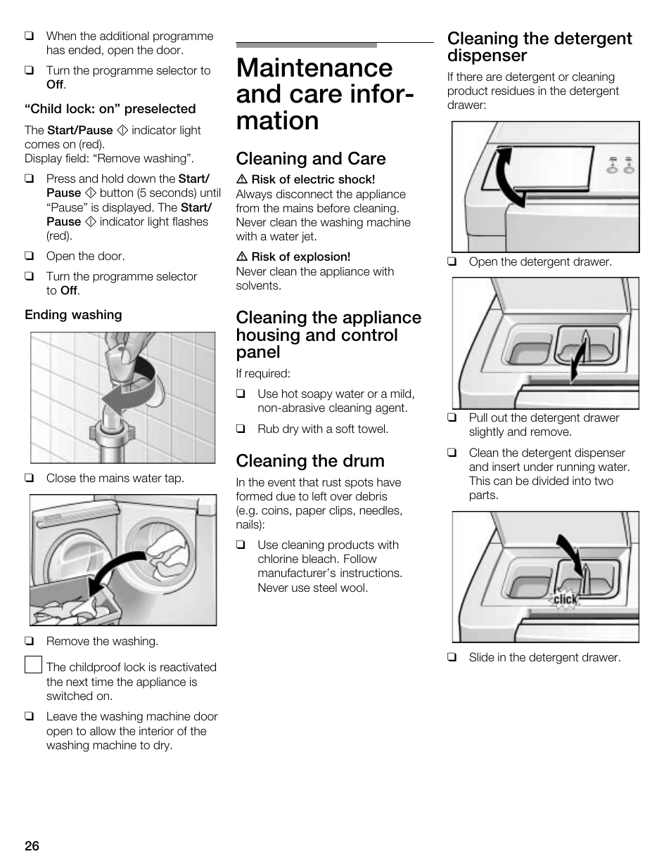 Maintenance and care inforć mation, Cleaning and care, Cleaning the appliance housing and control panel | Cleaning the drum, Cleaning the detergent dispenser | Kleenmaid KFL2000 User Manual | Page 26 / 36