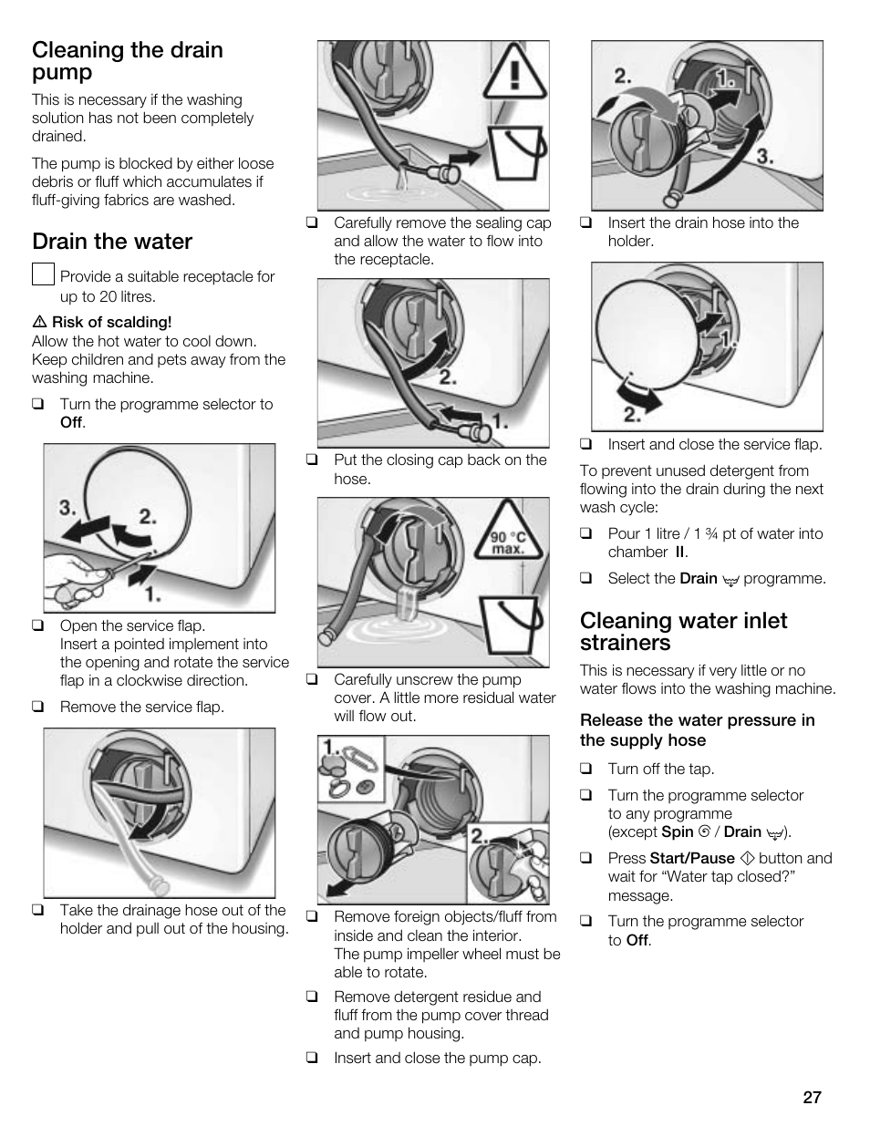 Cleaning the drain pump, Drain the water, Cleaning water inlet strainers | Kleenmaid KFL2000 User Manual | Page 27 / 36