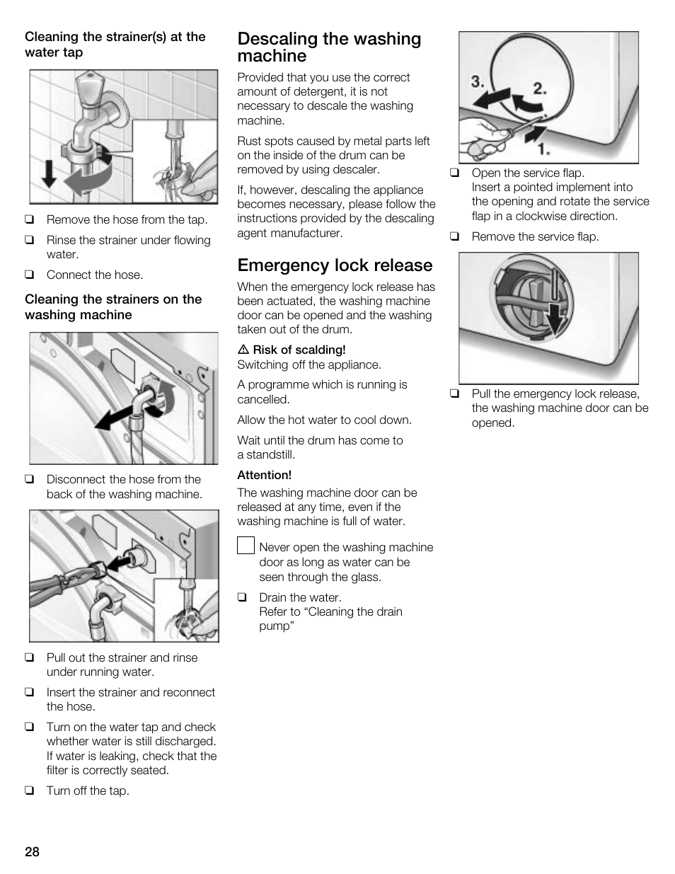 Descaling the washing machine, Emergency lock release | Kleenmaid KFL2000 User Manual | Page 28 / 36