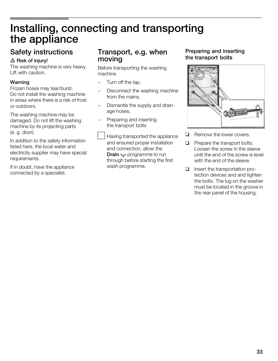 Safety instructions, Transport, e.g. when moving | Kleenmaid KFL2000 User Manual | Page 33 / 36