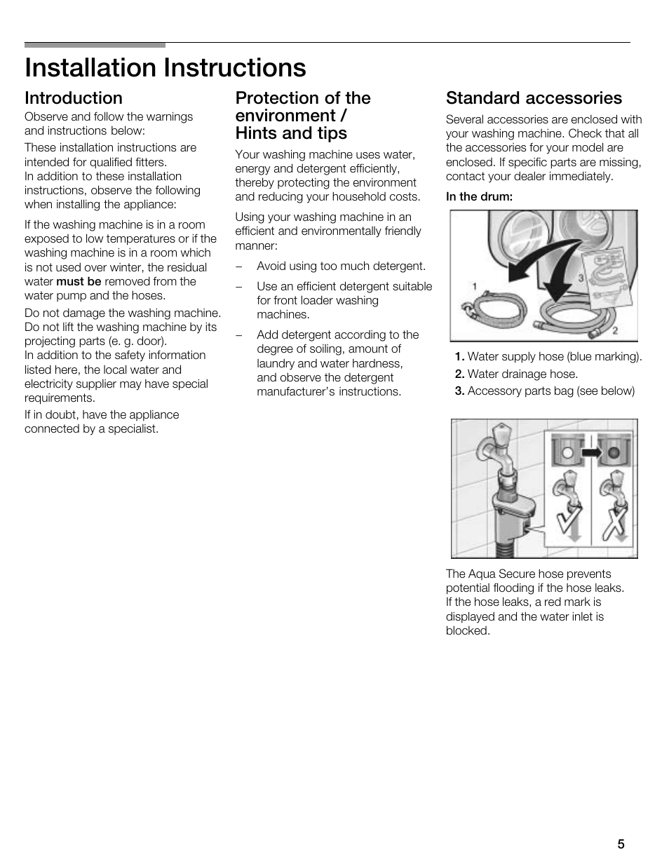 Installation instructions, Introduction, Protection of the environment / hints and tips | Standard accessories | Kleenmaid KFL2000 User Manual | Page 5 / 36