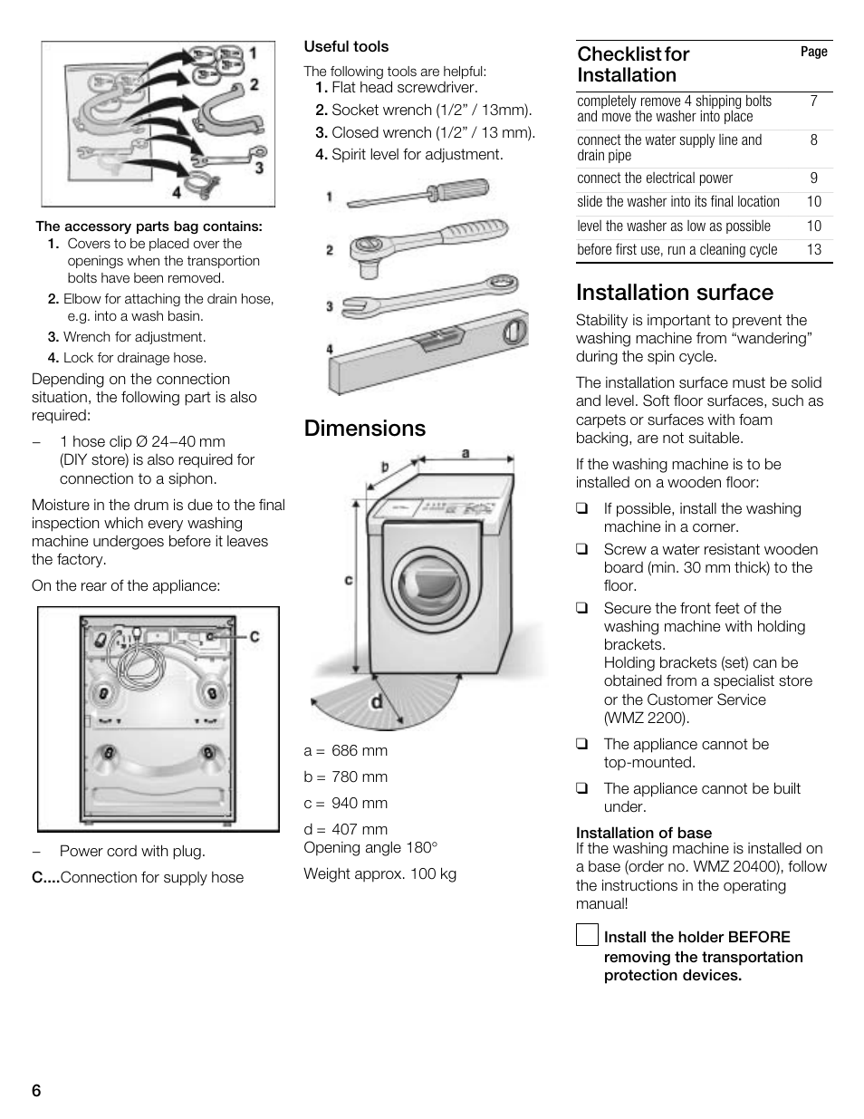 Dimensions, Installation surface, Checklist for installation | Kleenmaid KFL2000 User Manual | Page 6 / 36