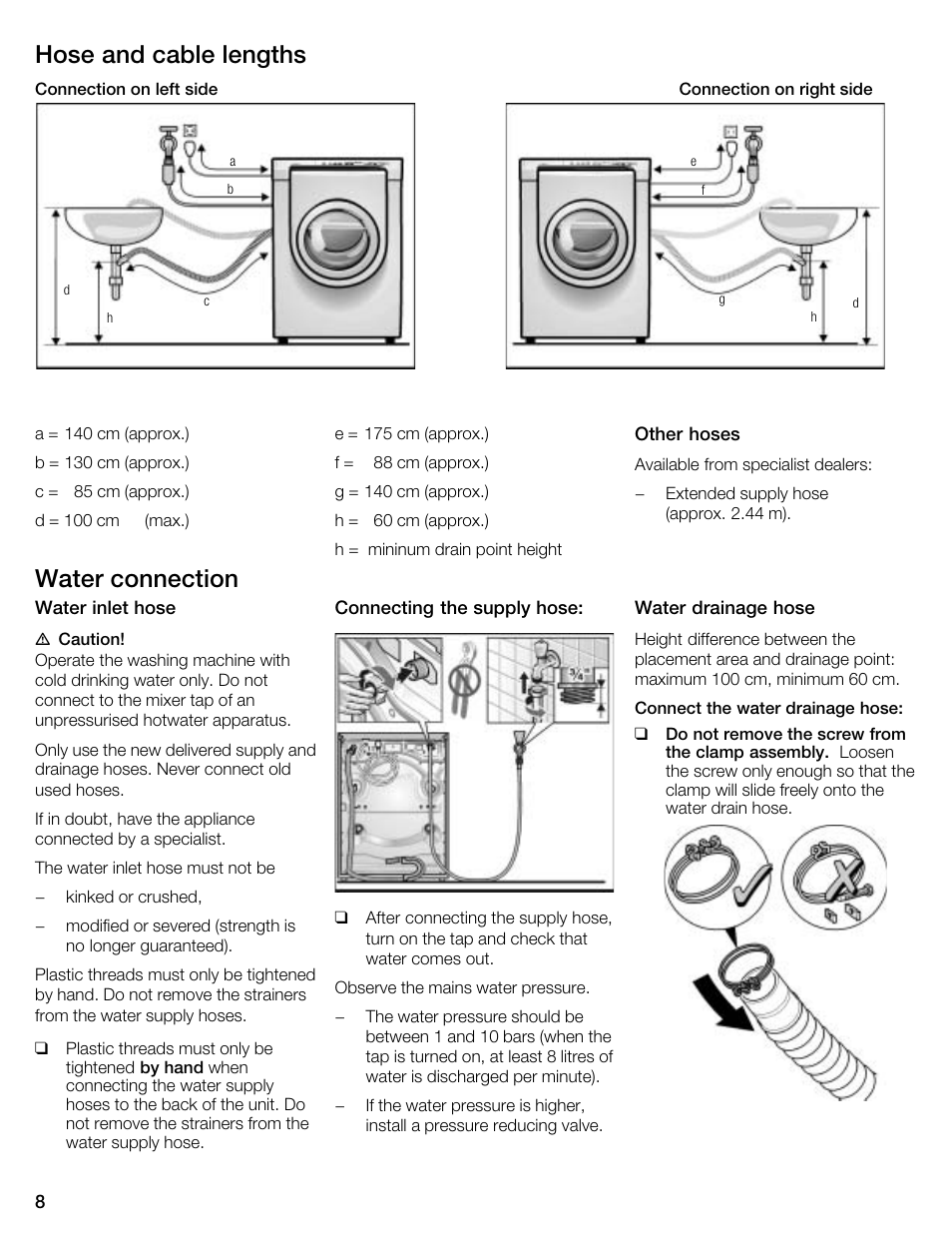 Hose and cable lengths, Water connection | Kleenmaid KFL2000 User Manual | Page 8 / 36