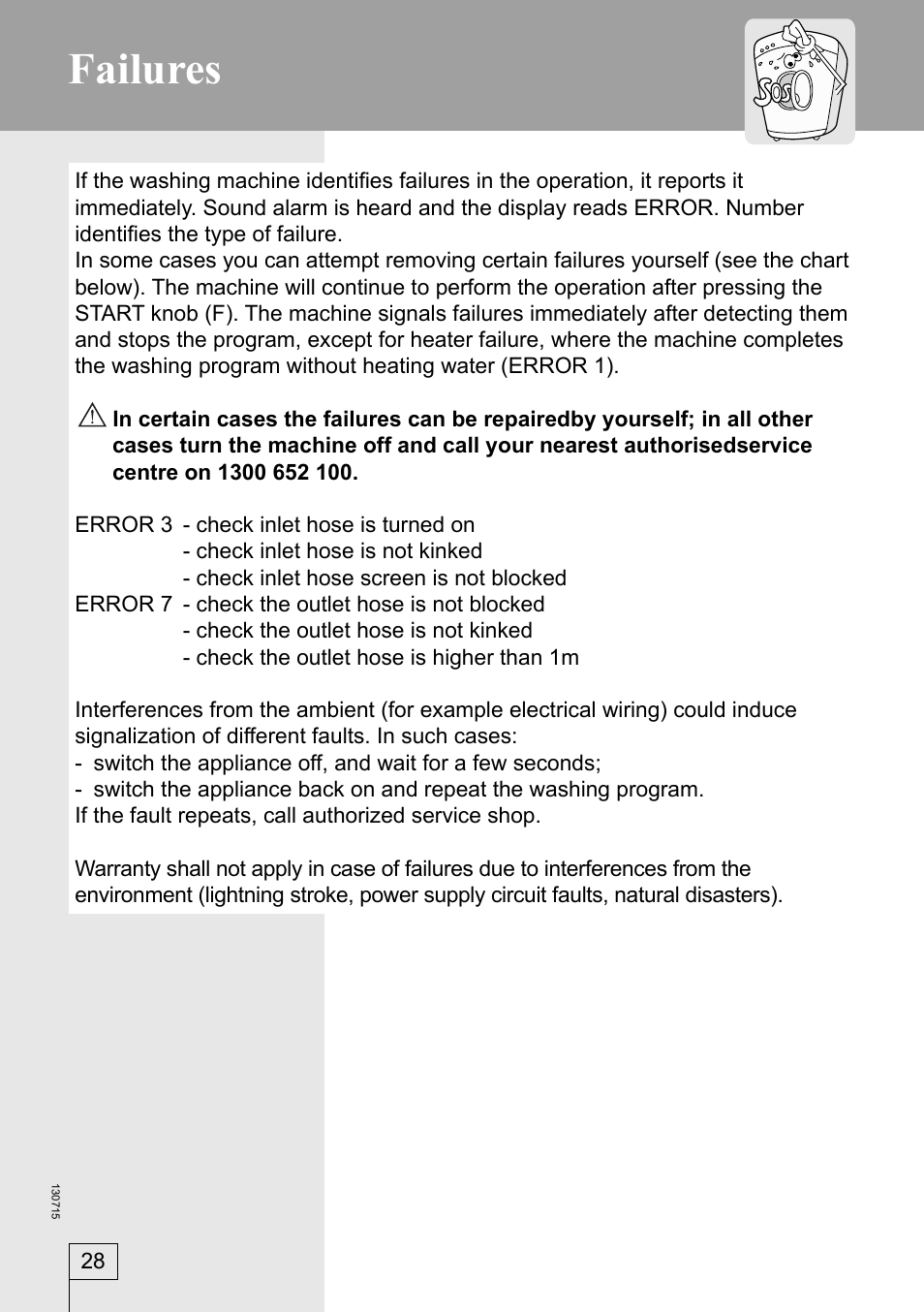 Failures | Kleenmaid KFL1600 User Manual | Page 28 / 36