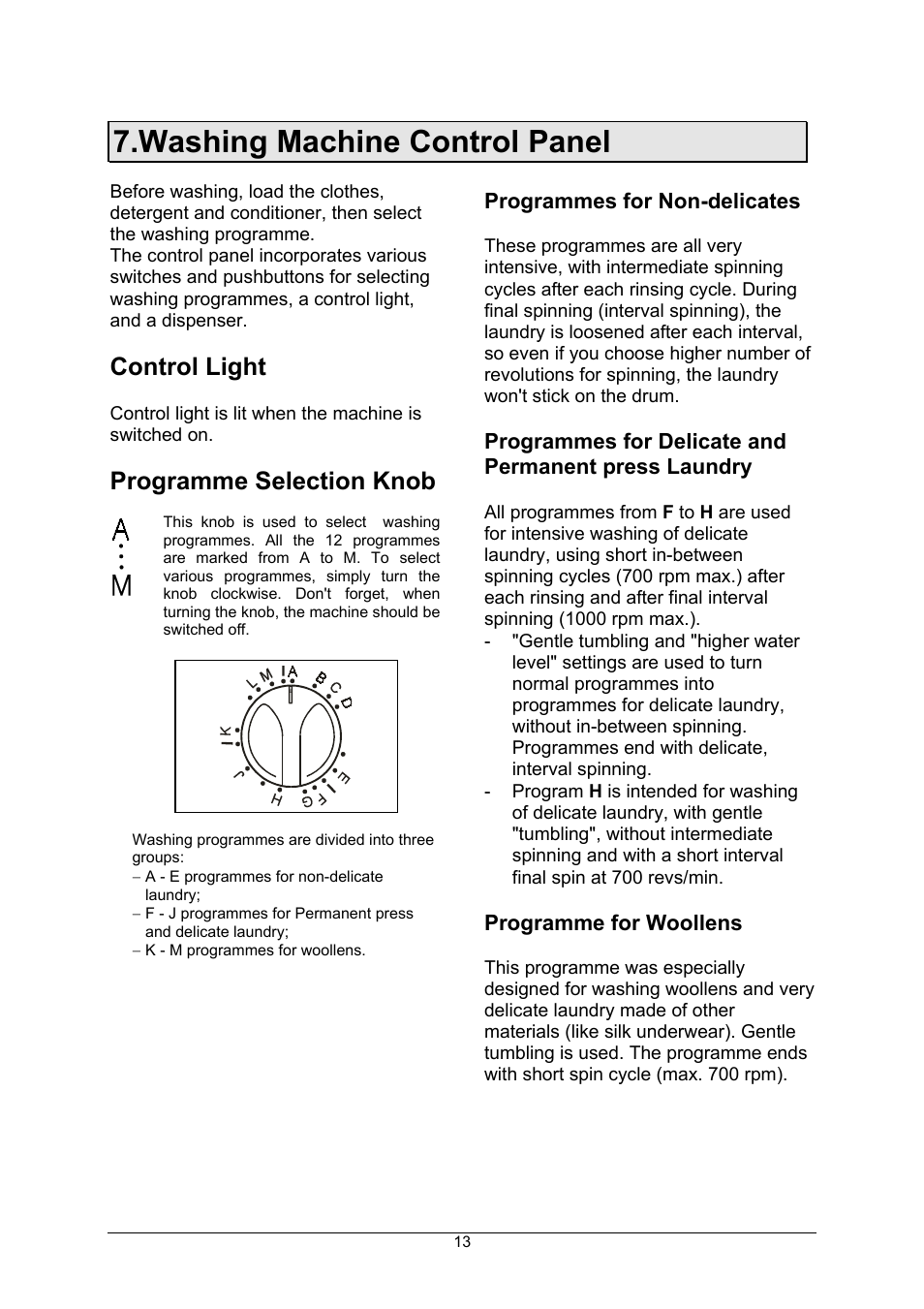 Washing machine control panel, Control light, Programme selection knob | Kleenmaid KFL1506 12 programs User Manual | Page 11 / 25