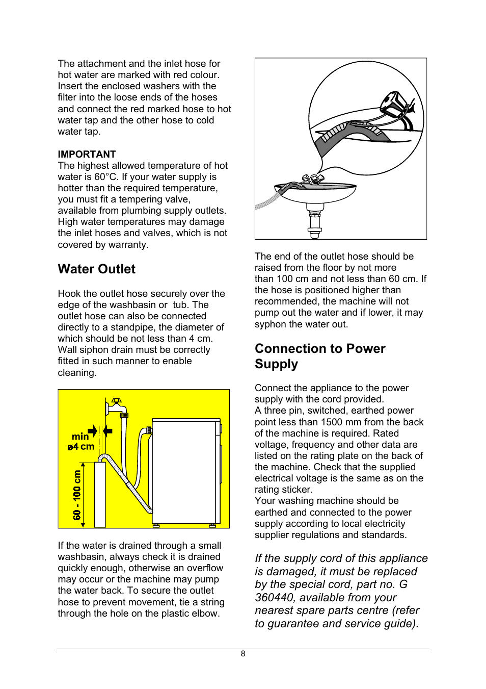 Water outlet, Connection to power supply | Kleenmaid KFL1506 12 programs User Manual | Page 6 / 25