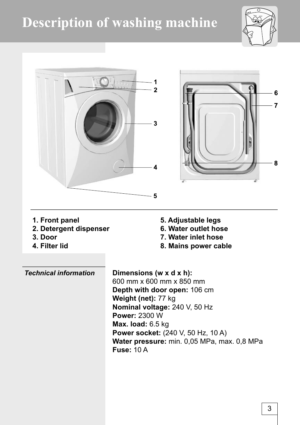 Description of washing machine | Kleenmaid KFL850 User Manual | Page 3 / 32