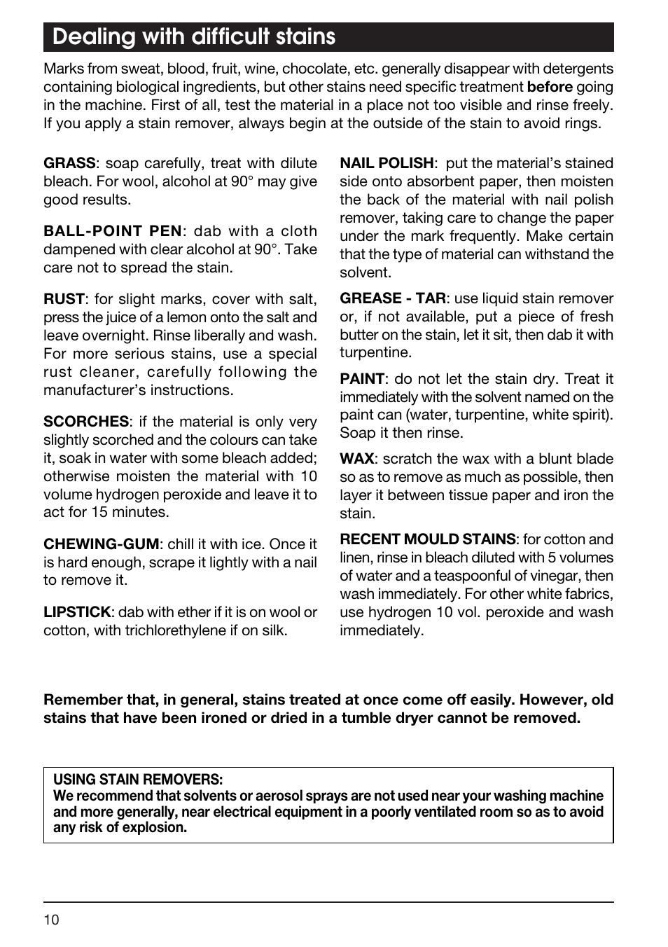 Dealing with difficult stains | Kleenmaid TX768A User Manual | Page 10 / 20