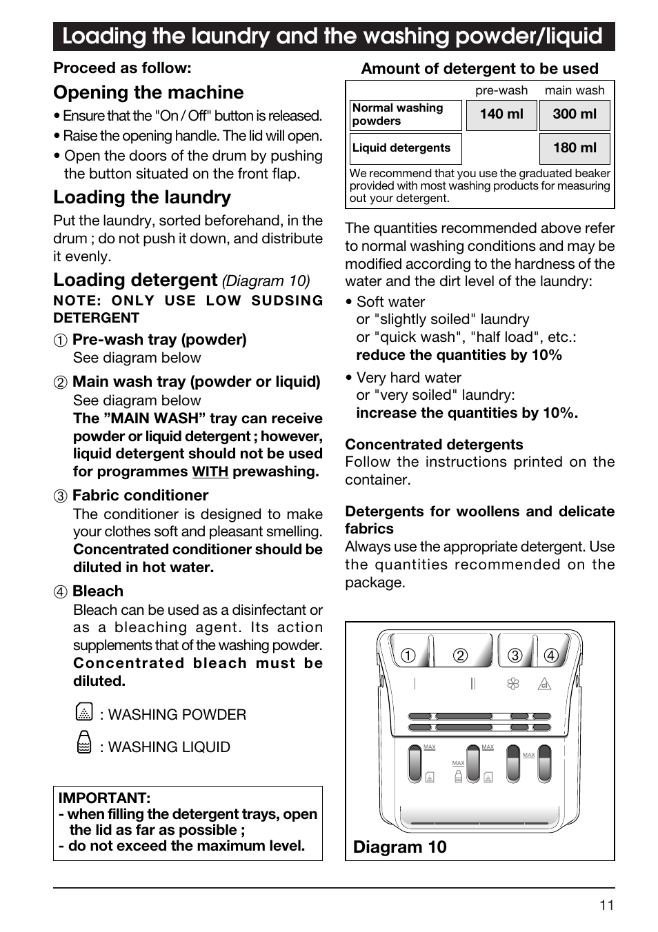 Loading the laundry and the washing powder/liquid, Opening the machine, Loading the laundry | Loading detergent | Kleenmaid TX768A User Manual | Page 11 / 20