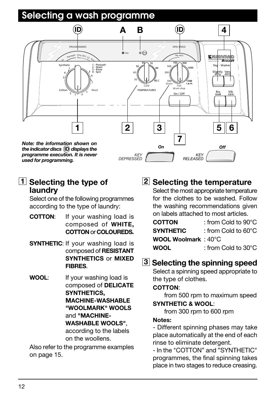 Selecting a wash programme, Ba 7, Selecting the type of laundry | Selecting the temperature, Selecting the spinning speed, If your washing load is composed of, 40°c, Cotton, White, Coloureds | Kleenmaid TX768A User Manual | Page 12 / 20