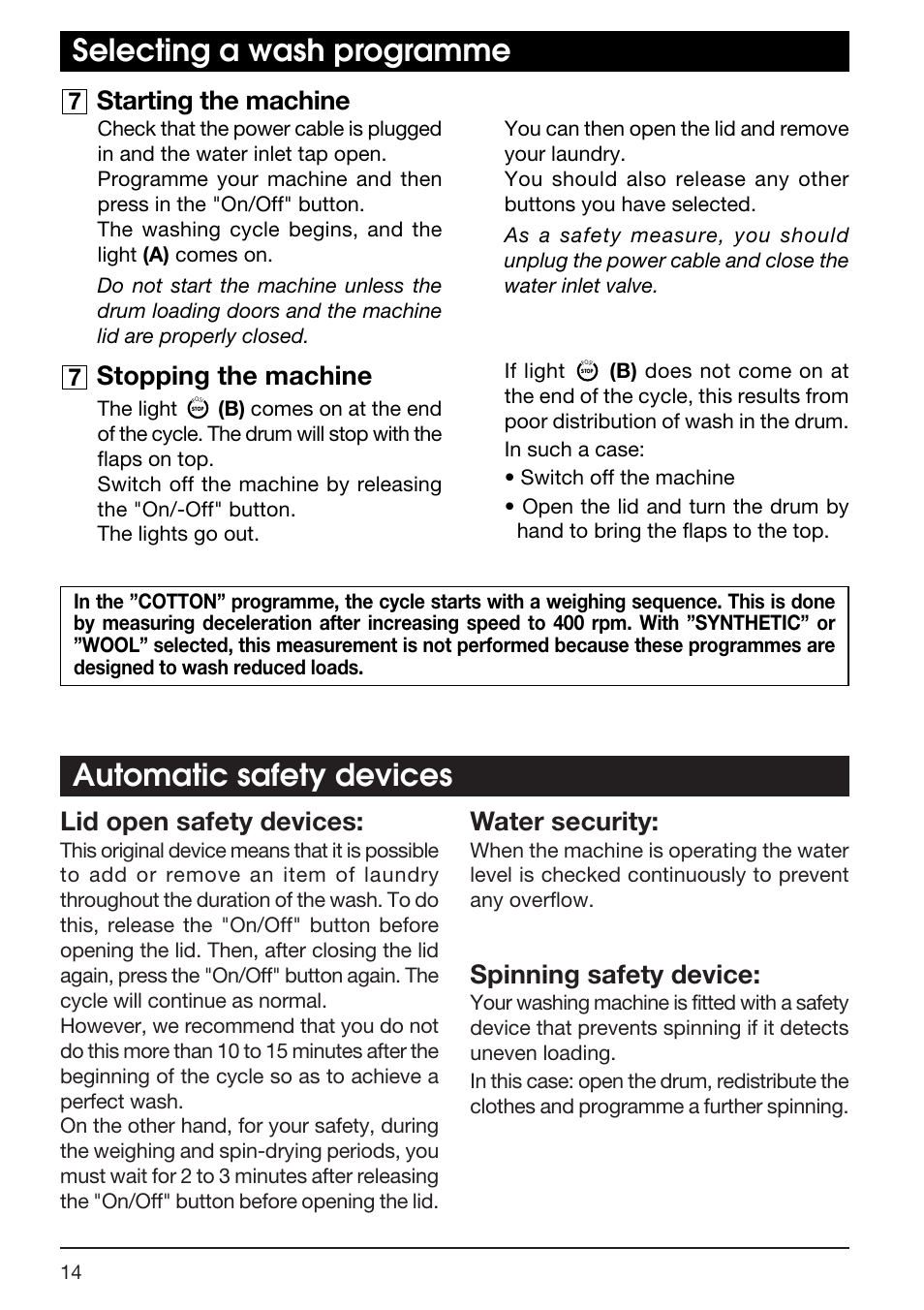 Lid open safety devices, Water security, Spinning safety device | Starting the machine, Stopping the machine, Mise en marche de la | Kleenmaid TX768A User Manual | Page 14 / 20