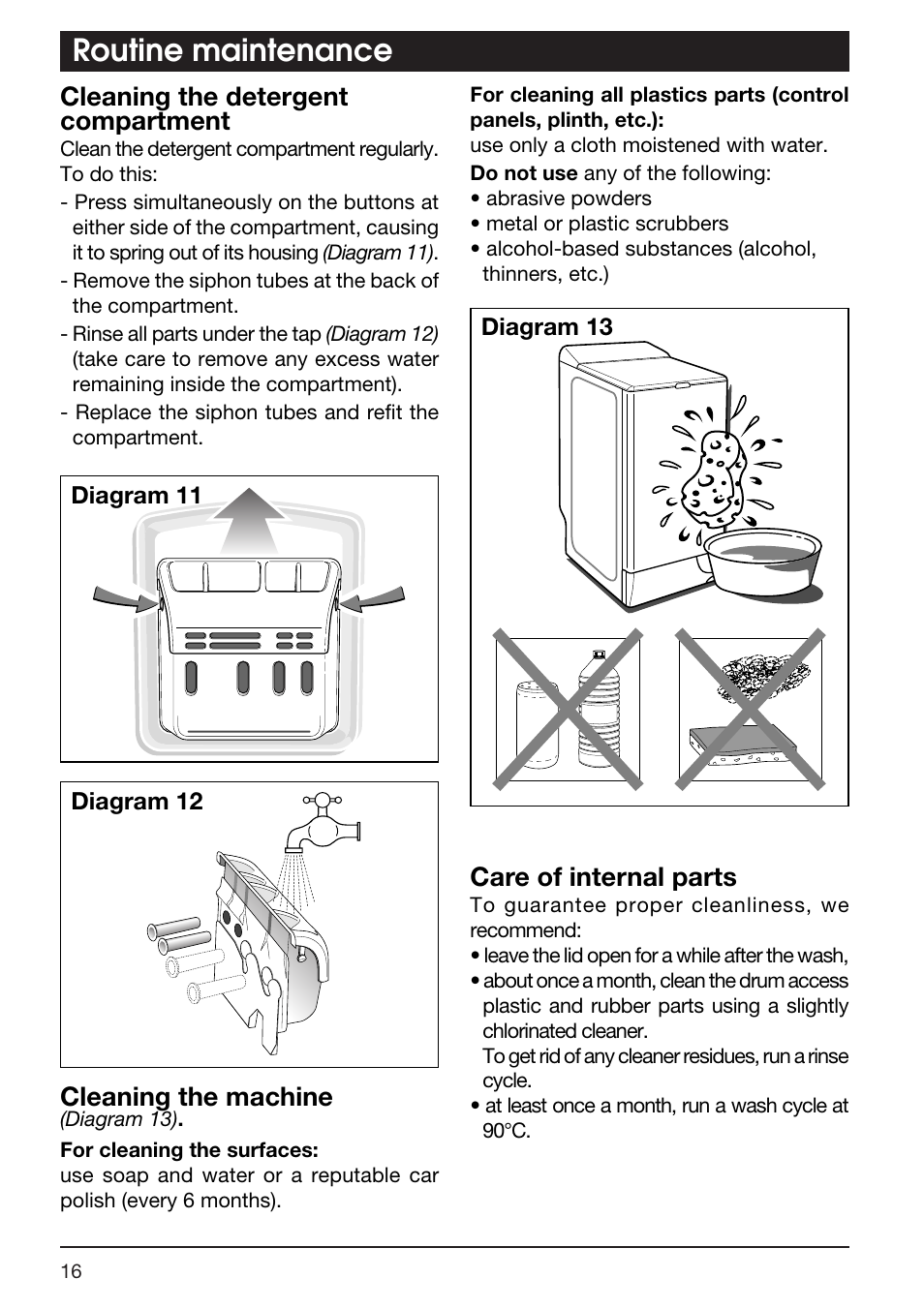 Routine maintenance, Cleaning the detergent compartment, Cleaning the machine | Care of internal parts | Kleenmaid TX768A User Manual | Page 16 / 20