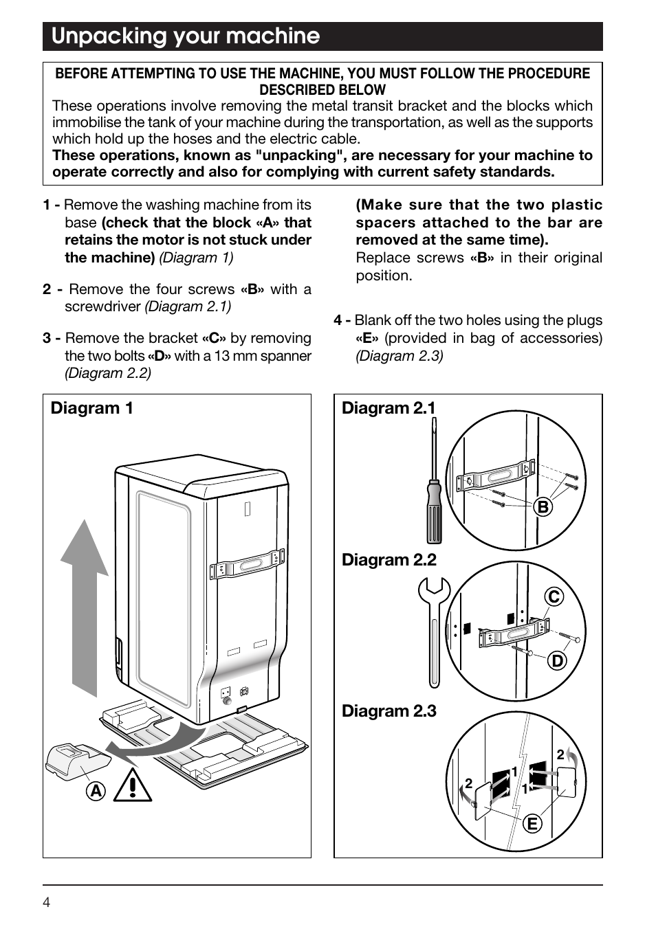 Unpacking your machine | Kleenmaid TX768A User Manual | Page 4 / 20