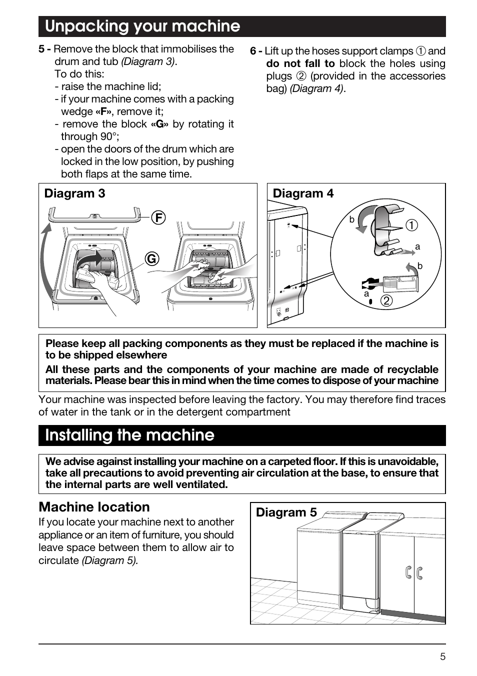 Unpacking your machine, Installing the machine, Machine location | Kleenmaid TX768A User Manual | Page 5 / 20