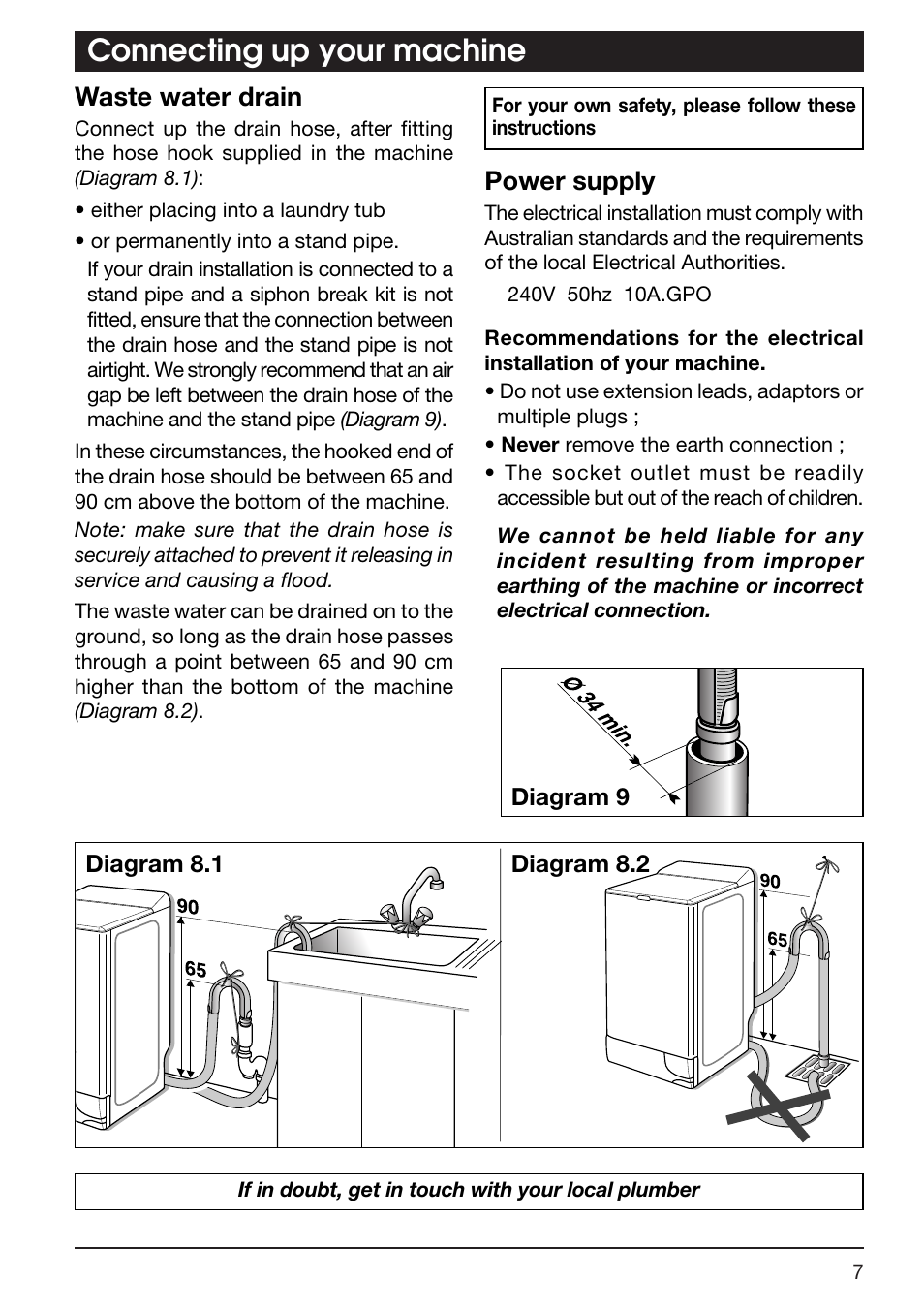 Connecting up your machine, Waste water drain, Power supply | Kleenmaid TX768A User Manual | Page 7 / 20