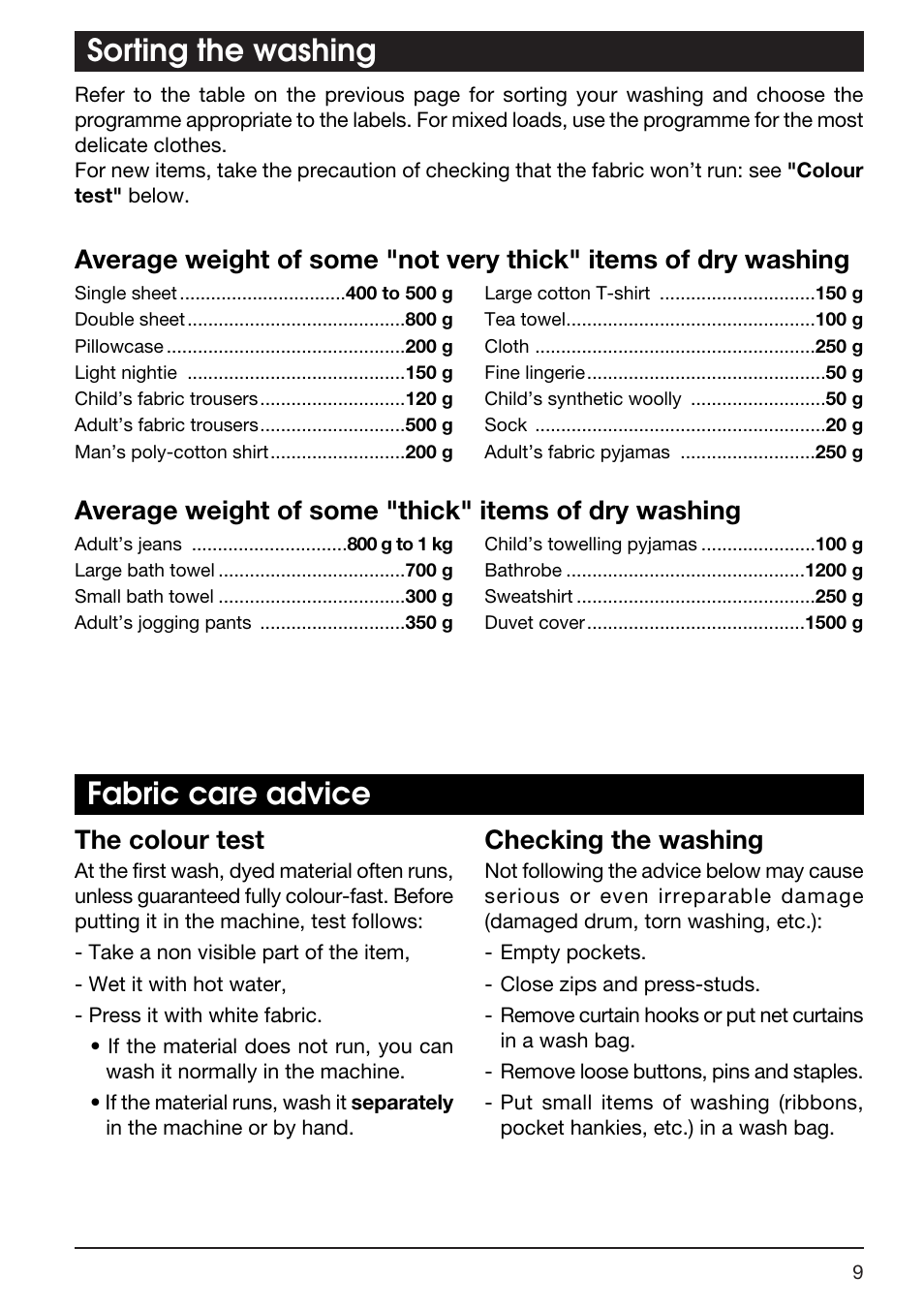 Sorting the washing fabric care advice, The colour test, Checking the washing | Kleenmaid TX768A User Manual | Page 9 / 20