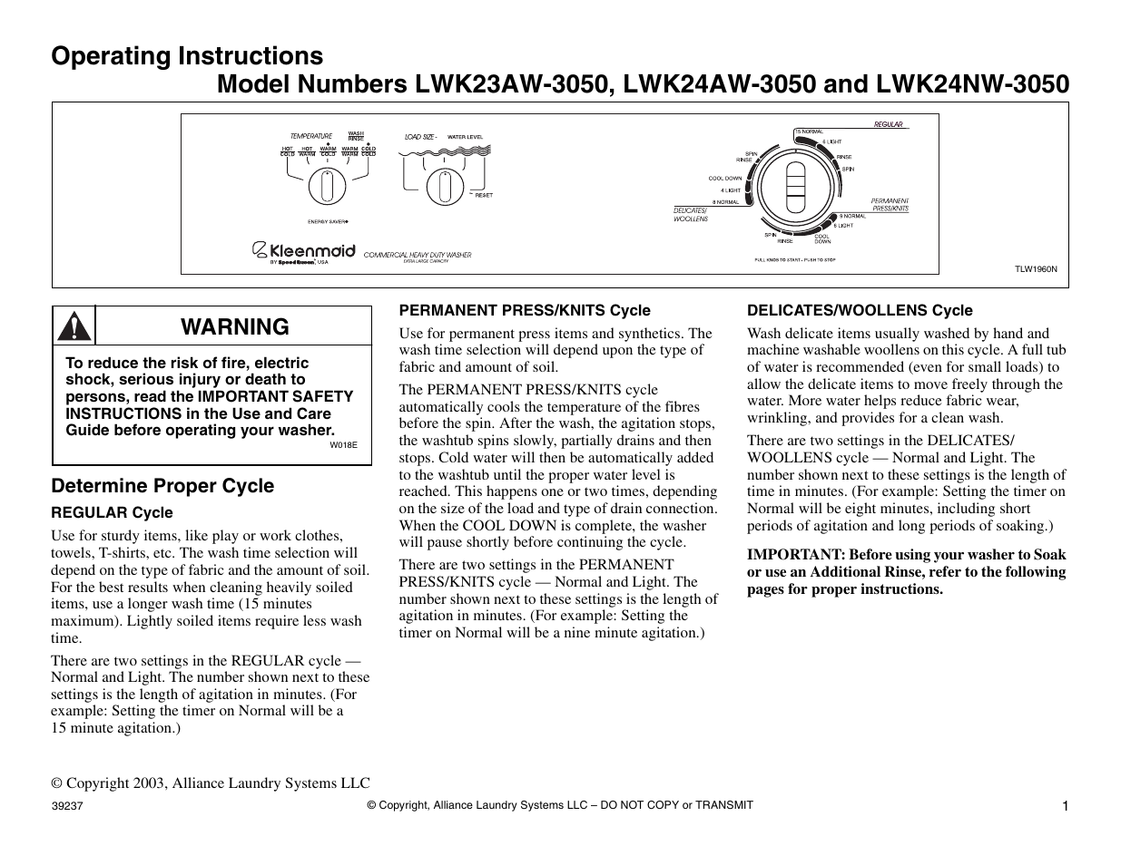 Operating instructions, Warning | Kleenmaid LWK23 User Manual | Page 2 / 5