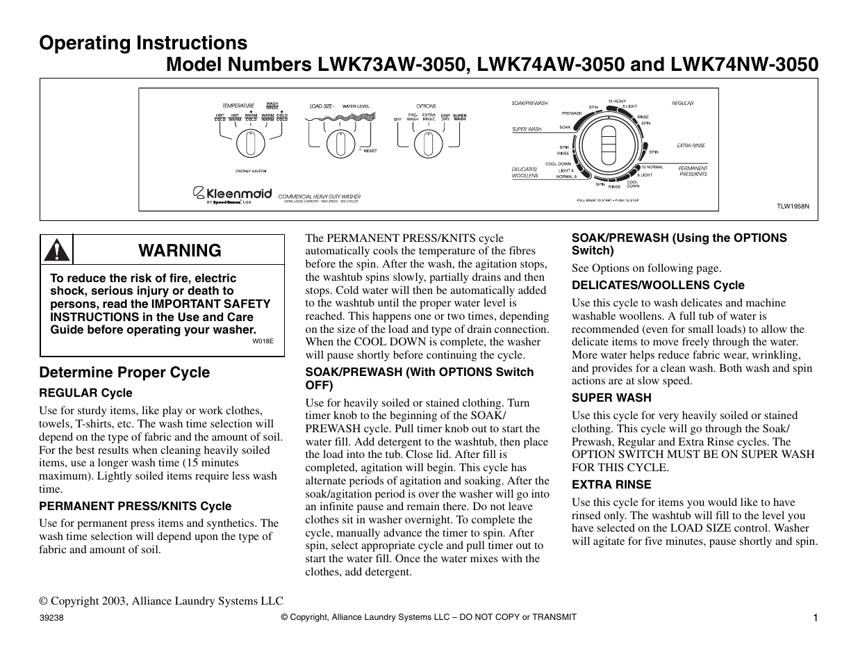 Operating instructions, Warning | Kleenmaid LWK73 Version 39238R4 User Manual | Page 2 / 5