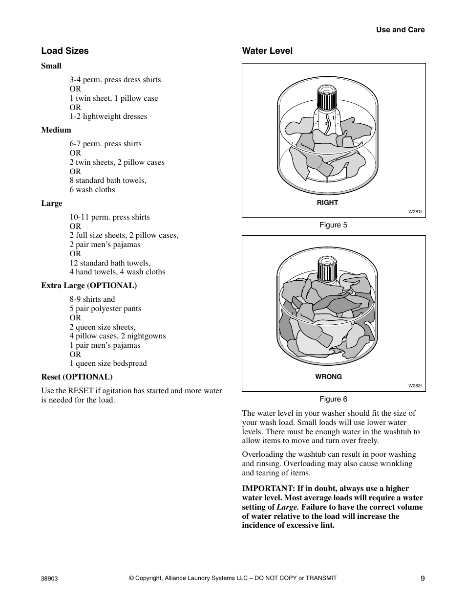 Load sizes, Water level | Kleenmaid LWK23 Version 38903R6 User Manual | Page 11 / 30