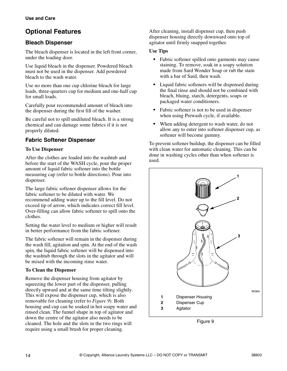 Optional features, Bleach dispenser fabric softener dispenser | Kleenmaid LWK23 Version 38903R6 User Manual | Page 16 / 30