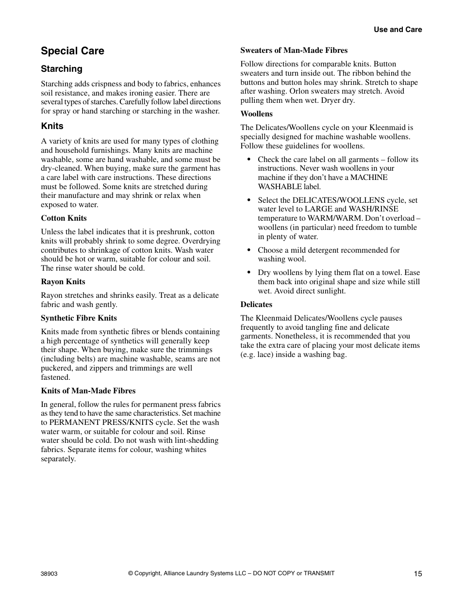 Special care, Starching knits | Kleenmaid LWK23 Version 38903R6 User Manual | Page 17 / 30