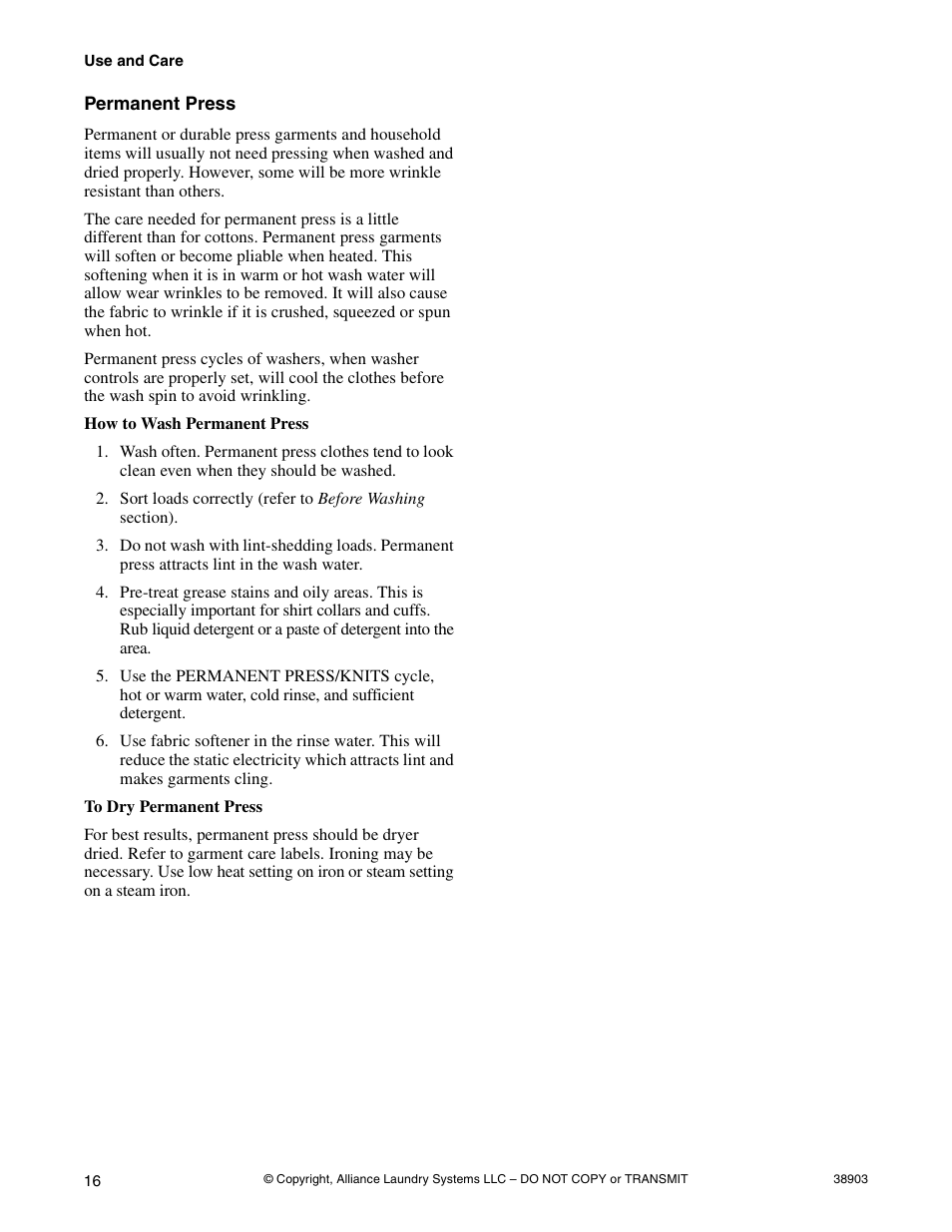 Permanent press | Kleenmaid LWK23 Version 38903R6 User Manual | Page 18 / 30