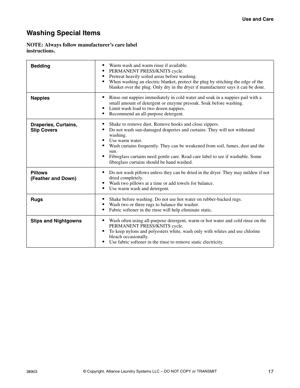 Washing special items | Kleenmaid LWK23 Version 38903R6 User Manual | Page 19 / 30