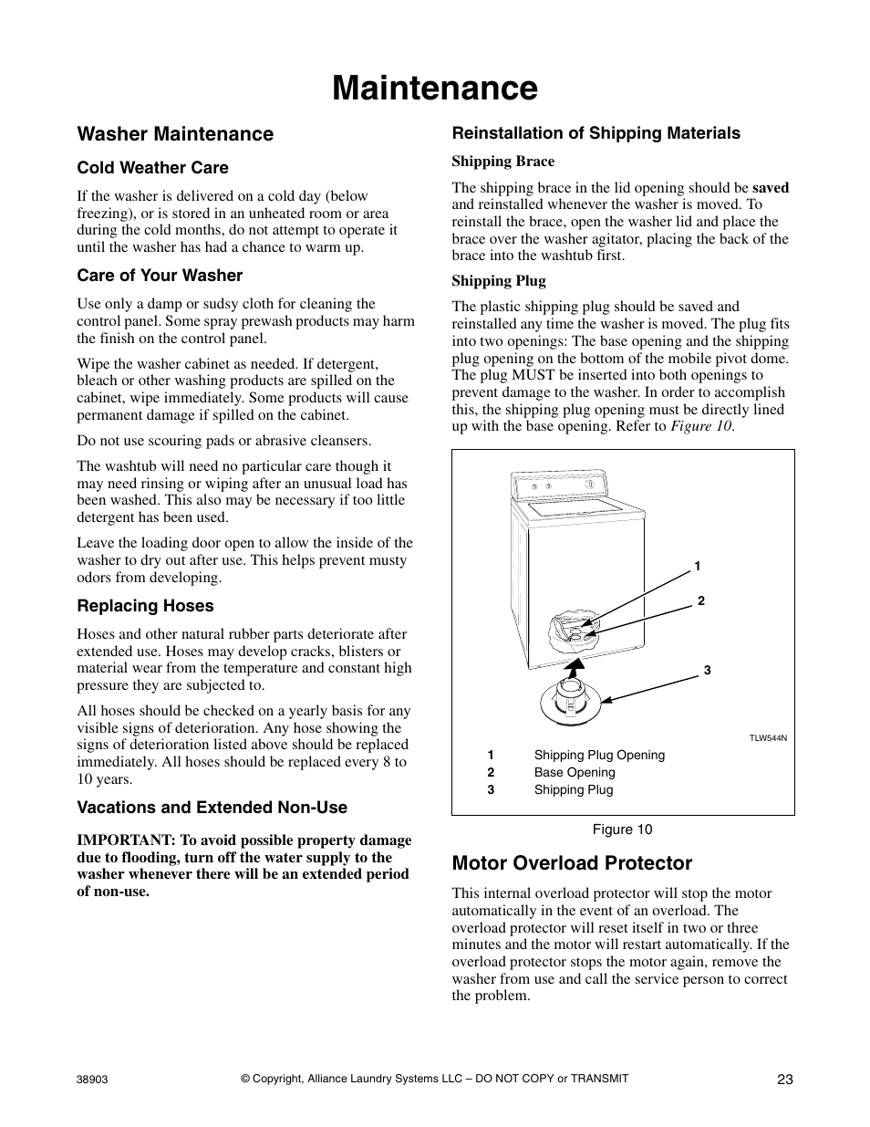 Maintenance, Washer maintenance, Motor overload protector | Kleenmaid LWK23 Version 38903R6 User Manual | Page 25 / 30