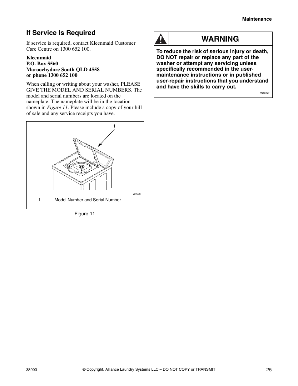 If service is required, Warning | Kleenmaid LWK23 Version 38903R6 User Manual | Page 27 / 30