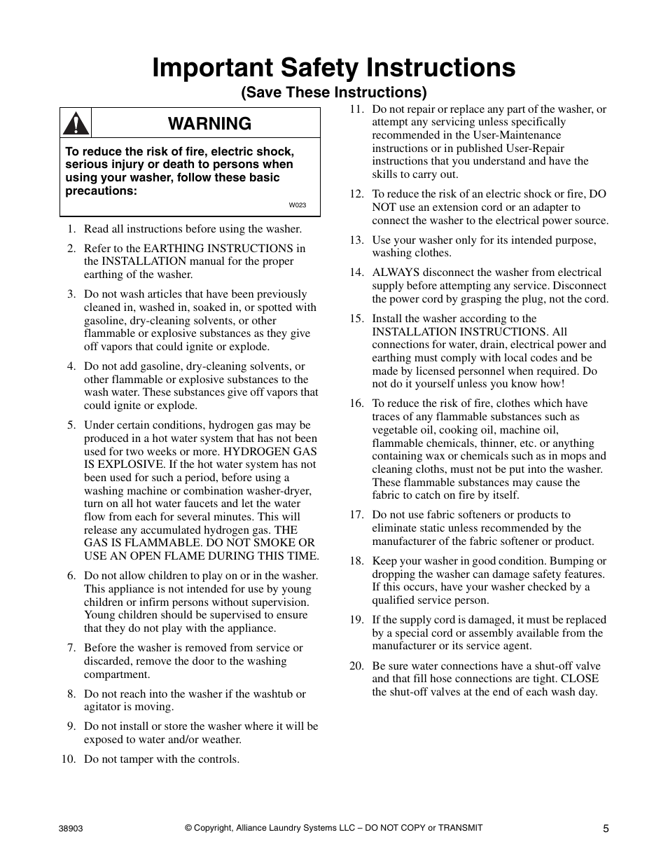 Important safety instructions, Warning, Save these instructions) | Kleenmaid LWK23 Version 38903R6 User Manual | Page 7 / 30