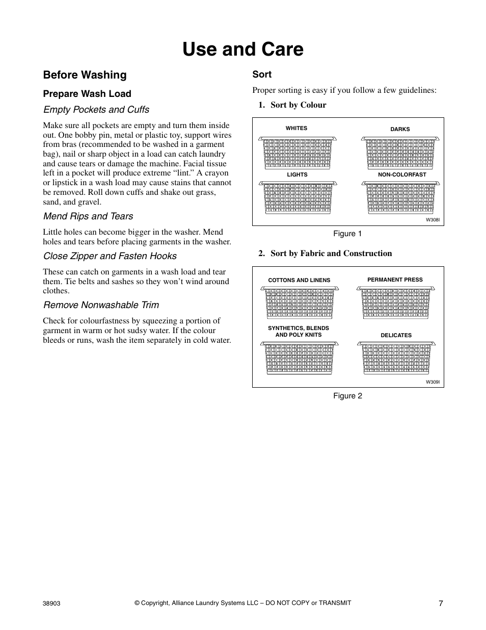 Use and care, Before washing, Prepare wash load | Sort | Kleenmaid LWK23 Version 38903R6 User Manual | Page 9 / 30