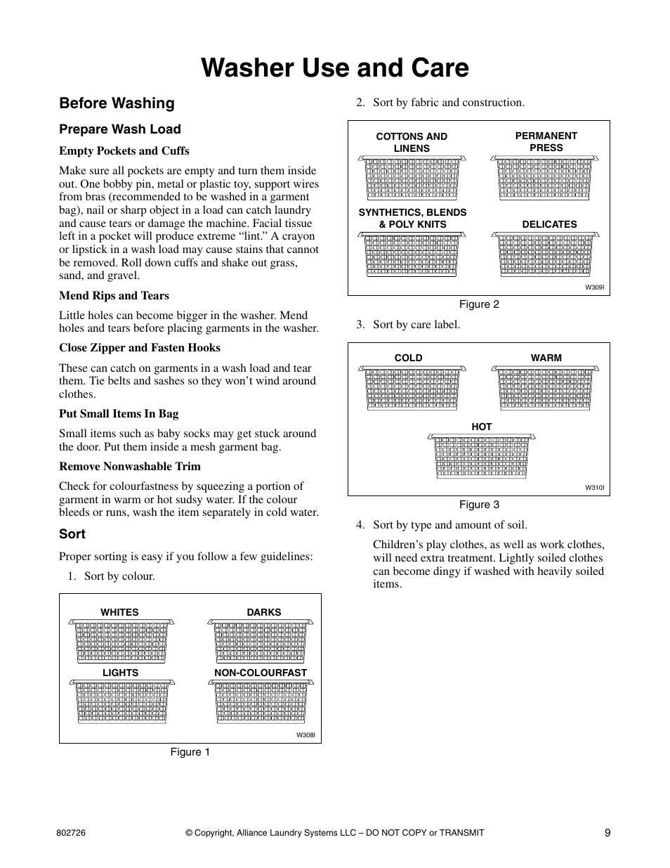 Washer use and care, Before washing, Prepare wash load | Sort | Kleenmaid LTKA6 User Manual | Page 11 / 44