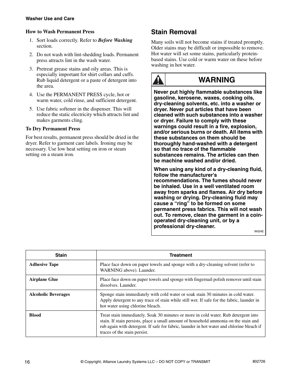 Stain removal, Warning | Kleenmaid LTKA6 User Manual | Page 18 / 44