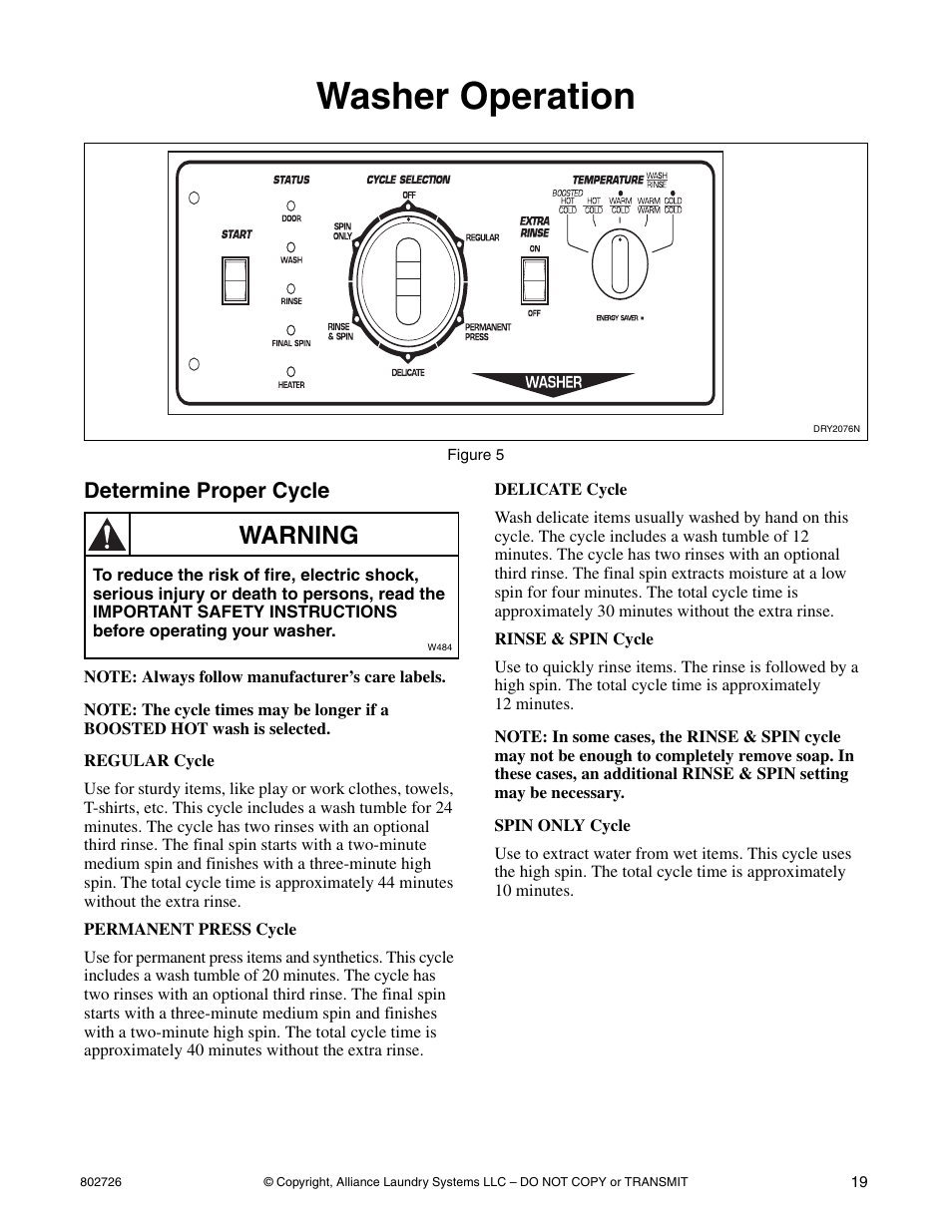 Washer operation, Determine proper cycle, Warning | Kleenmaid LTKA6 User Manual | Page 21 / 44