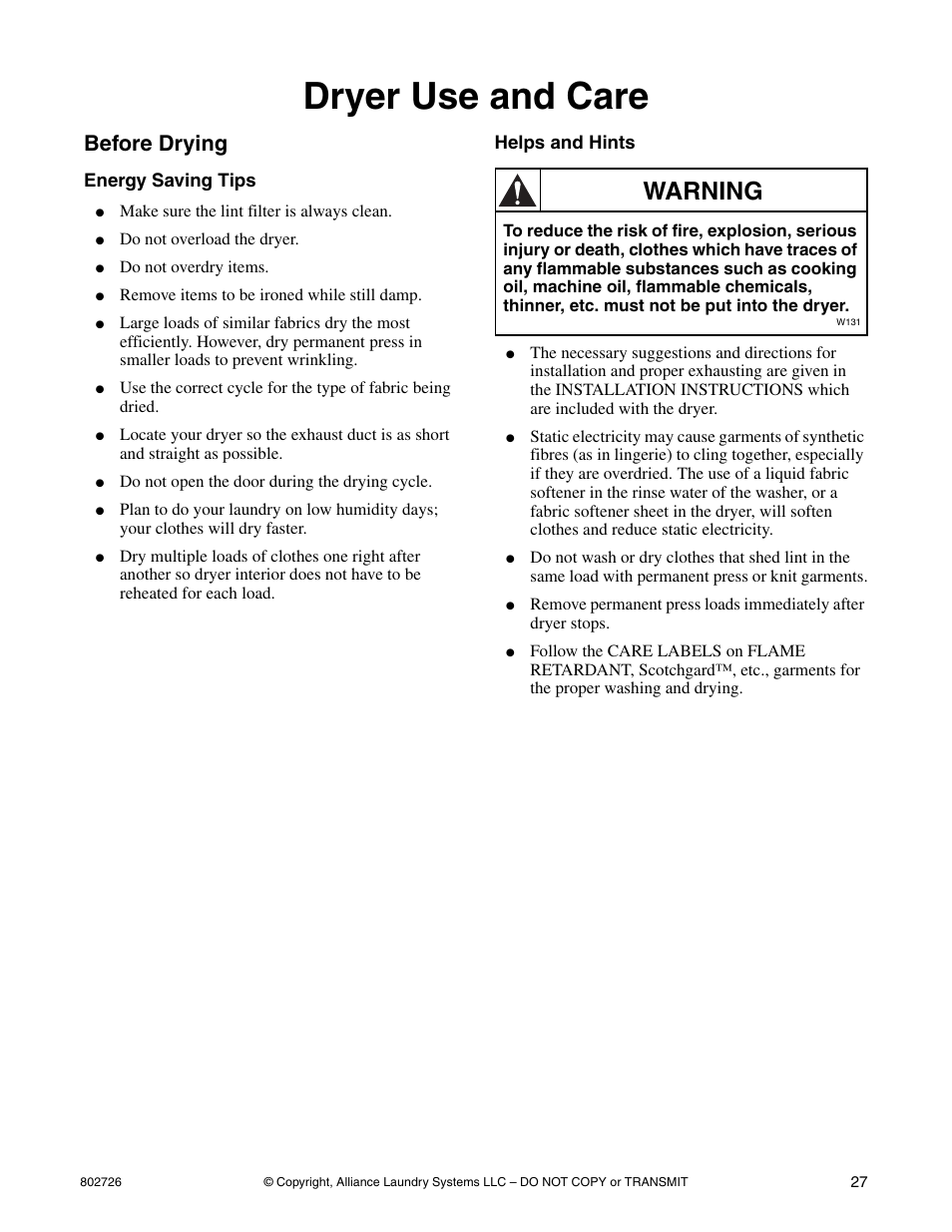 Dryer use and care, Before drying, Energy saving tips helps and hints | Warning | Kleenmaid LTKA6 User Manual | Page 29 / 44