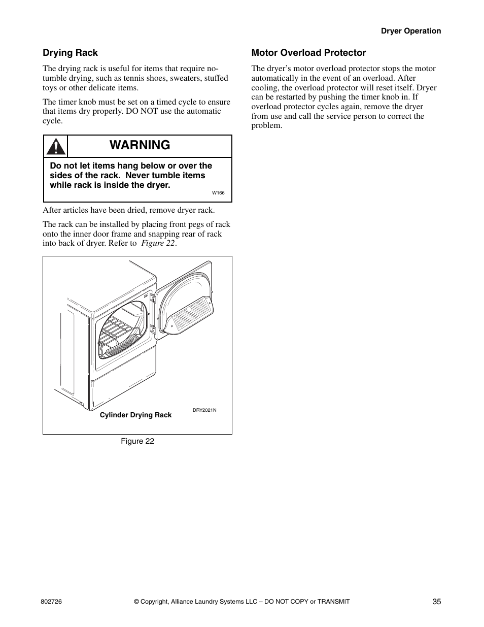 Drying rack motor overload protector, Warning | Kleenmaid LTKA6 User Manual | Page 37 / 44
