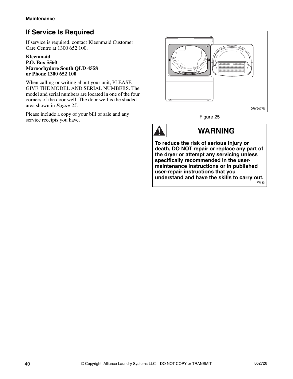 If service is required, Warning | Kleenmaid LTKA6 User Manual | Page 42 / 44