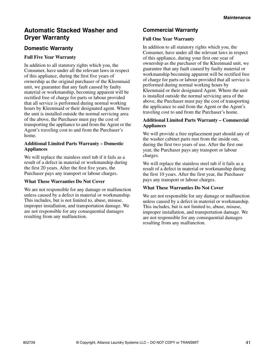 Automatic stacked washer and dryer warranty, Domestic warranty commercial warranty | Kleenmaid LTKA6 User Manual | Page 43 / 44