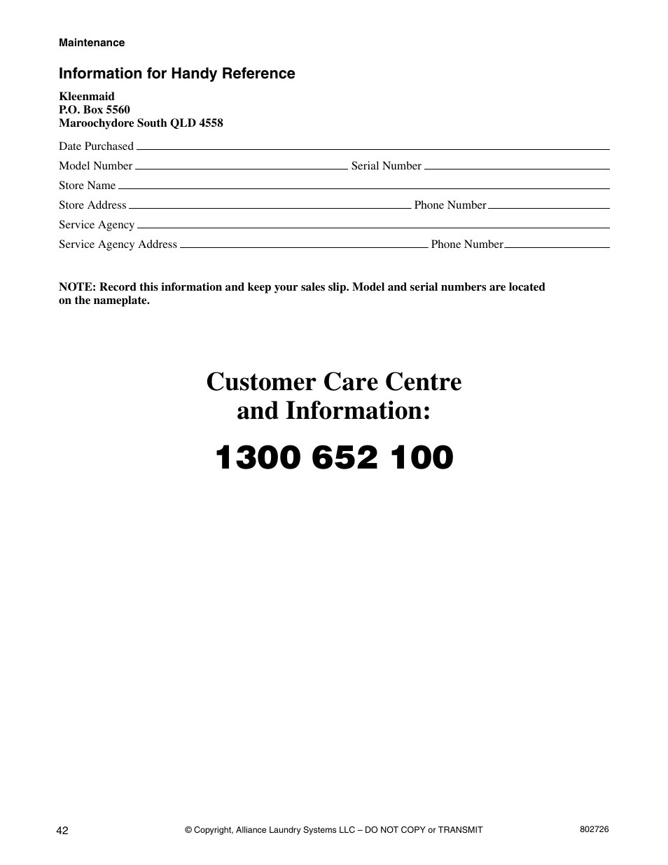 Information for handy reference, Customer care centre and information | Kleenmaid LTKA6 User Manual | Page 44 / 44